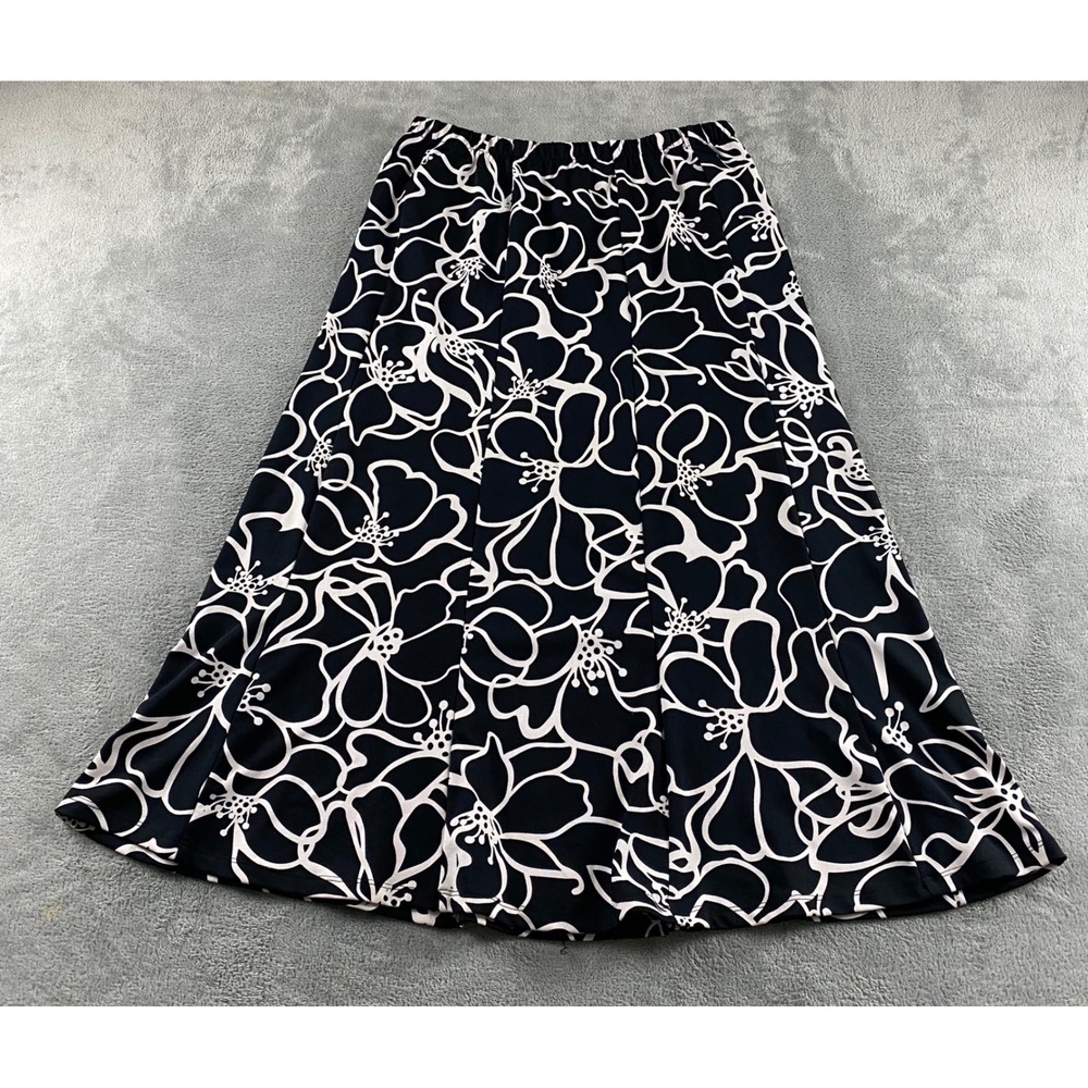 TanJay Womens Black White Floral Midi Skirt Elastic Waist A-Line Size Medium